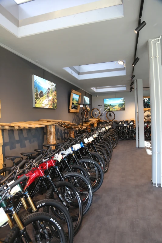 Moderner Fahrradladen mit einer Reihe von Mountainbikes in verschiedenen Farben, Wandbilder und Oberlichter.